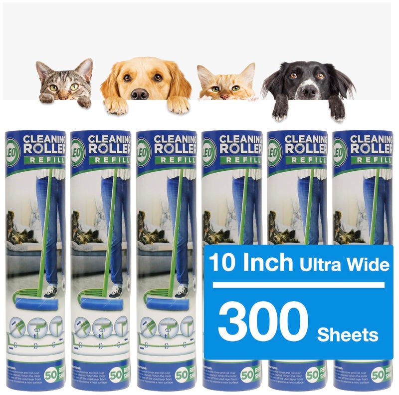 Leo 10Inch Wide Lint Roller Refills 6 Rolls with 50 Sheets Each 300 Sheets Total Extra Sticky for Pet Hair Carpet Floor Cleaning